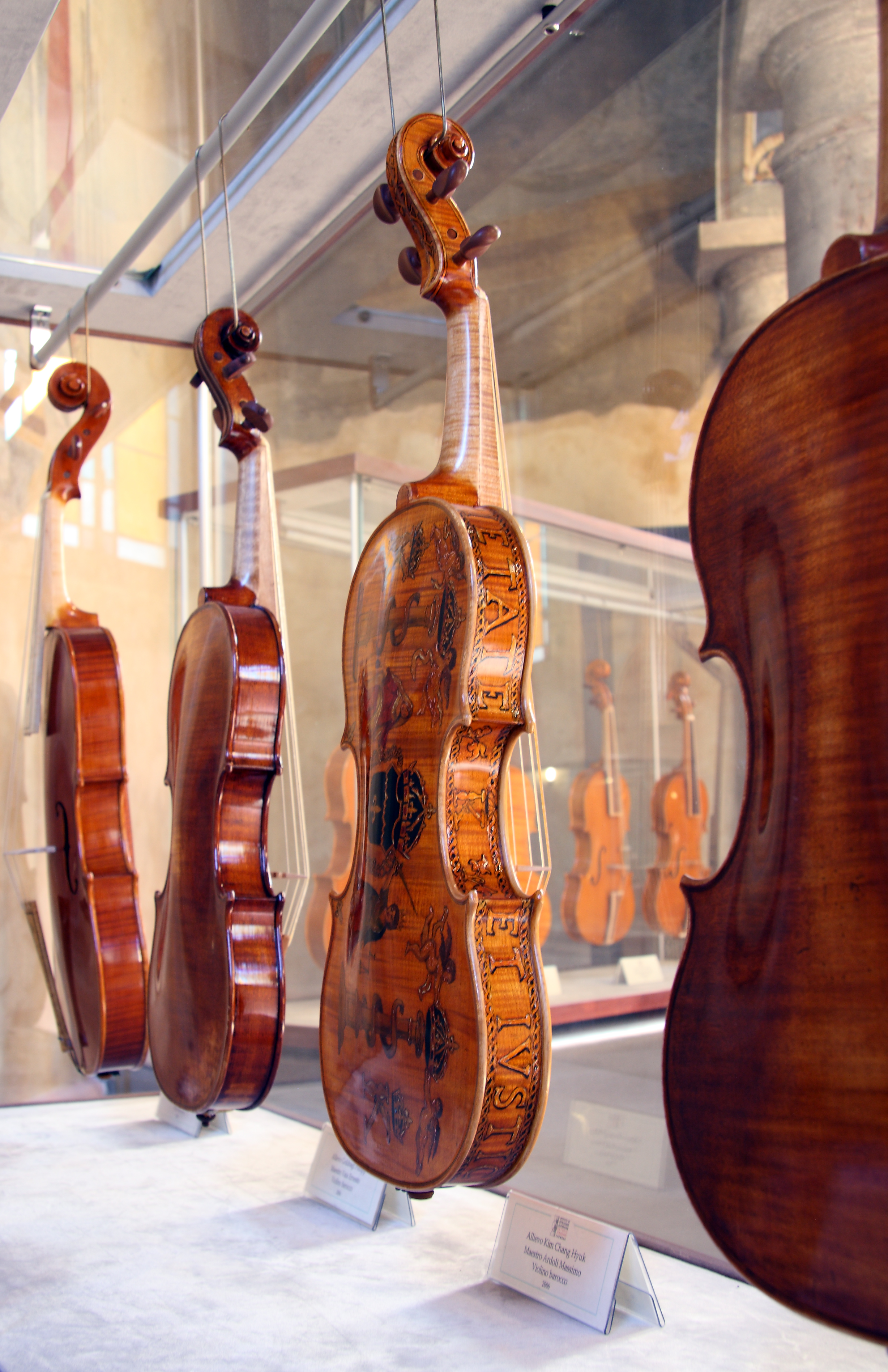 Violins hanging in museum display